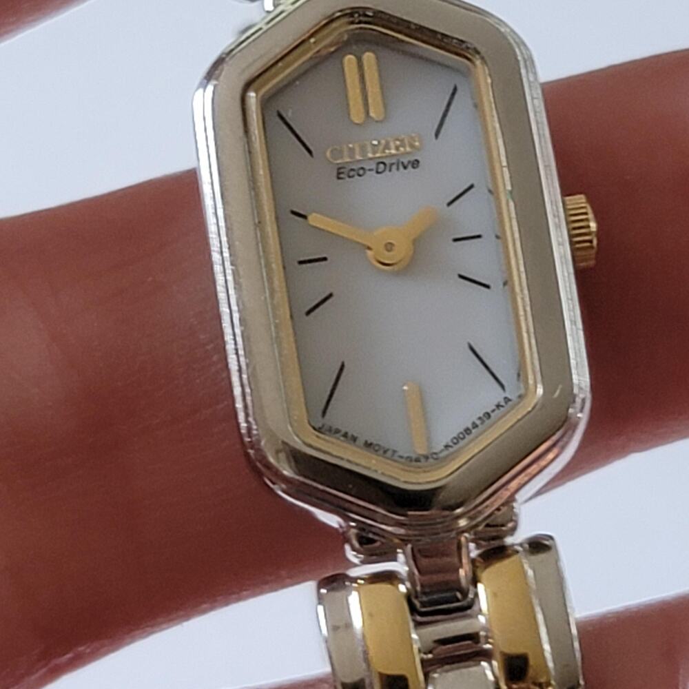 Citizen Eco-Drive Womens Necklace Watch Two Tone Silver Gold White Dial Japan